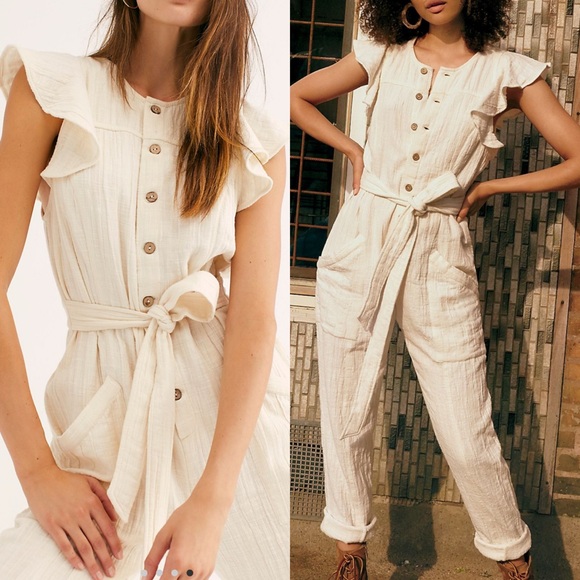 Free People Pants - Free People Louis Jumpsuit Flutter Sleeve Ecru XS